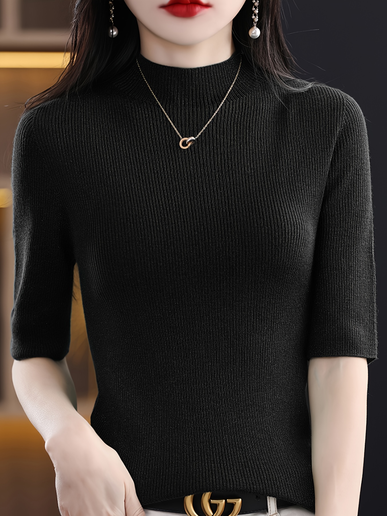Solid Mock Neck Knitted Top, Casual Short Sleeve Slim Sweater, Women's Clothing