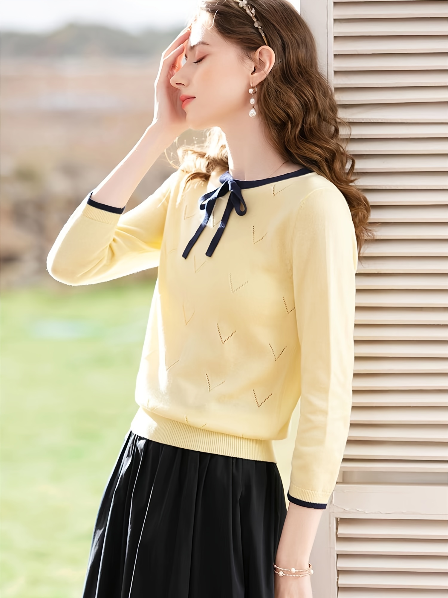 Bow Tie 3/4 Sleeve Knit Sweater, Elegant Crew Neck Eyelet Comfy Sweater For Spring & Summer, Women's Clothing