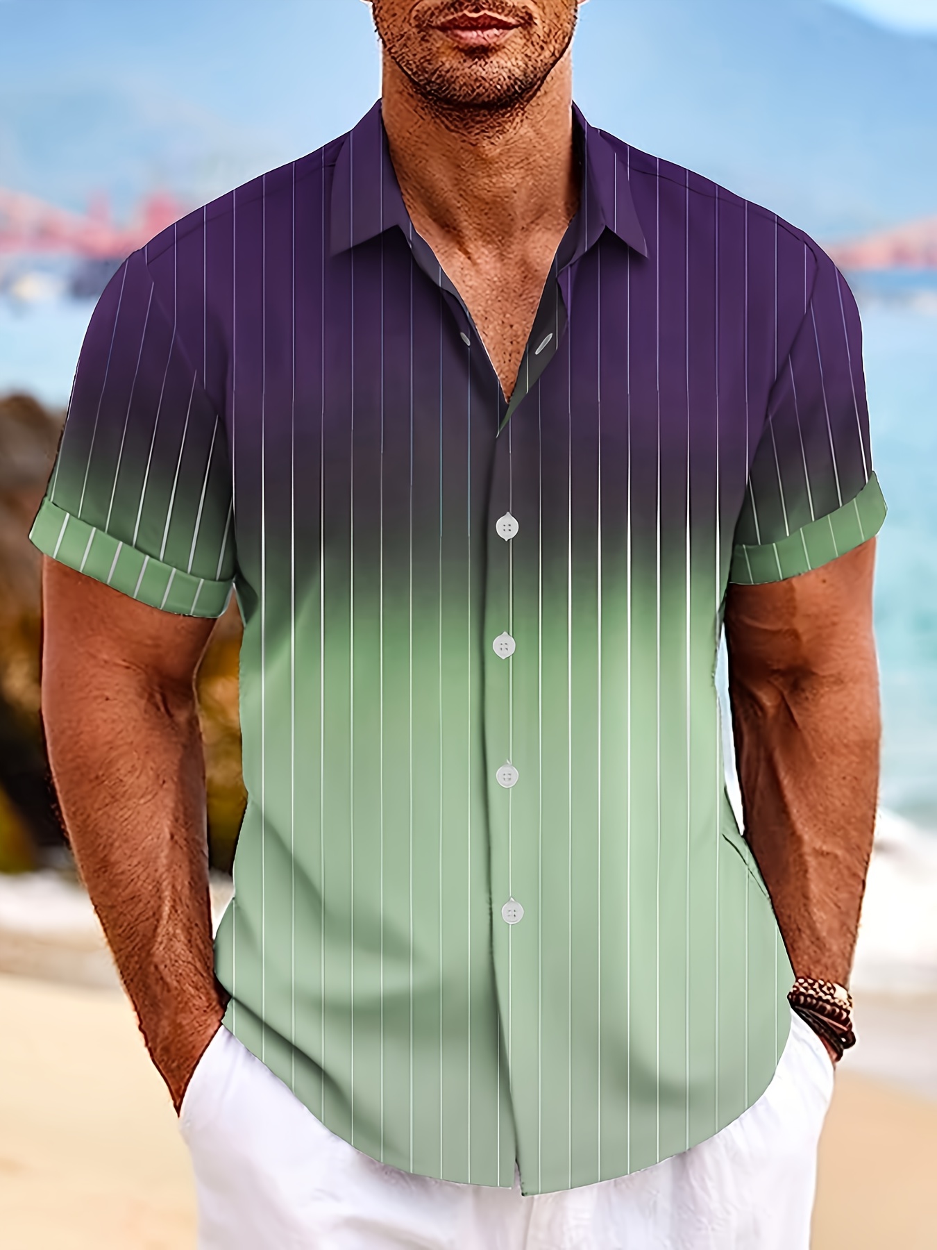 Men's Short Sleeve Button Down Shirt - Gradient and Strip Digital Print for Summer Resort Vacation and Leisurewear