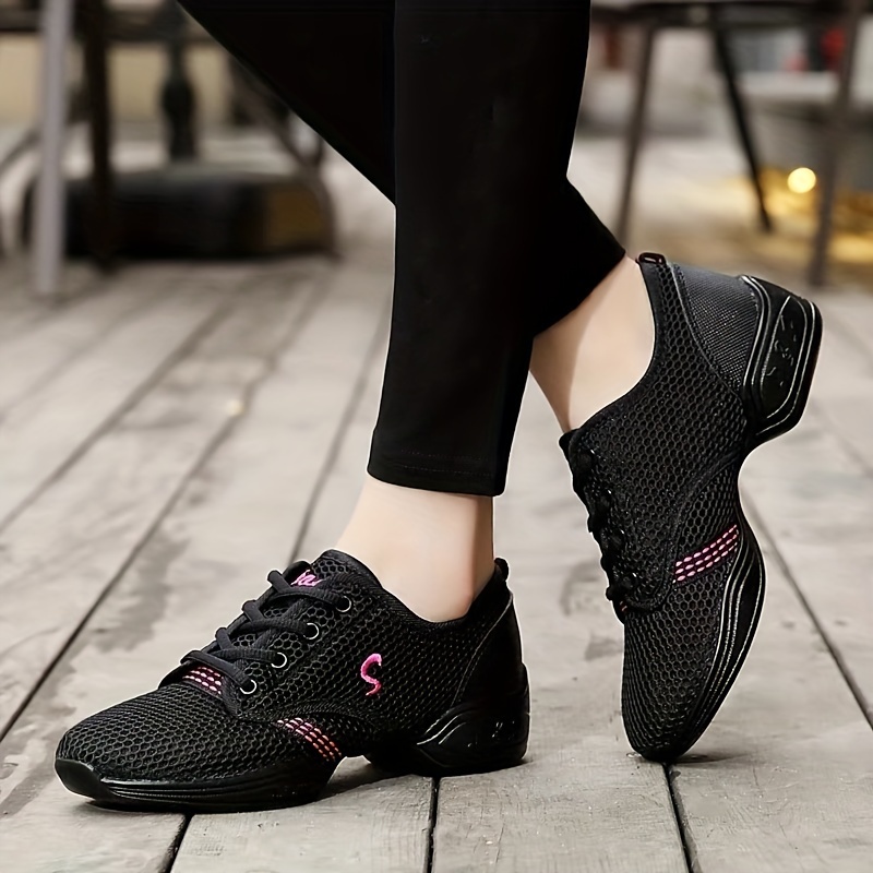 Women's Solid Color Mesh Sneakers, Lace Up Platform Soft Sole Dance Shoes, Breathable Fitness & Walking Shoes
